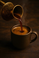 Poured from an ornate brass pot, dark Turkish coffee with a rich crema cascades into a rustic brown mug, creating a warm, inviting steam