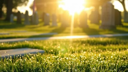 Morning Dew and Headstones in Golden Light – Peaceful Cemetery Scene of Reflection and Honor