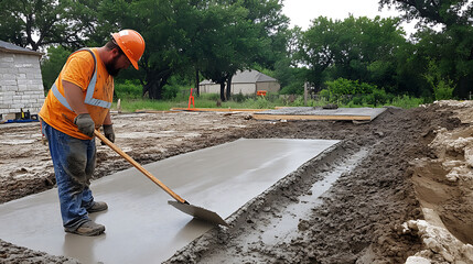 Worker smoothing concrete on a construction site