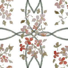 Floral seamless pattern created from a watercolor painting, with bouquets of flowers on a transparent background with green lace details	