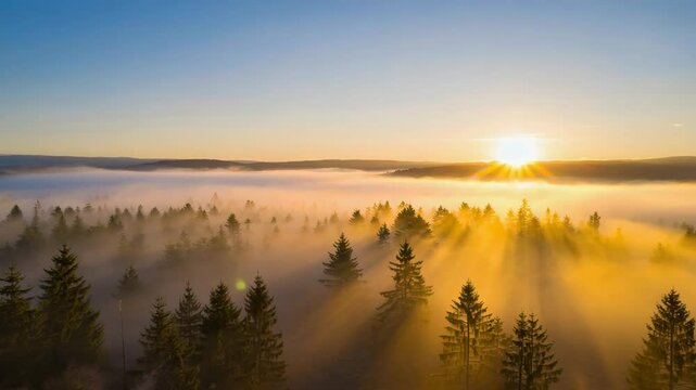 Golden sunrise timelapse breaking through morning mist in pine forest