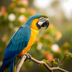 Obraz premium A magnificent blue and yellow parrot perches on a branch, its vibrant plumage standing out against a softly blurred natural backdrop