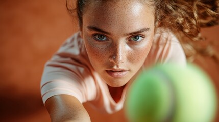 A determined young female tennis player fiercely focuses on a tennis ball as it approaches, embodying the essence of strength, focus, and competitive spirit in sports.