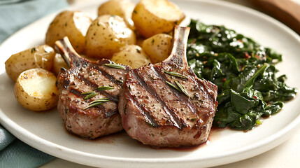 Grilled Pork Chops with Roasted Potatoes and Sauteed Greens