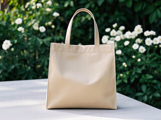 Beige tote bag on a table outdoors with flowers