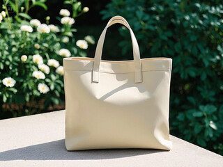 Cream colored tote bag on outdoor surface