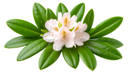 Close up of rhododendron branch with leathery green leaves and delicate pink flowers, isolated on transparent background, perfect for nature themed designs
