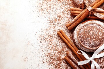 Cinnamon sticks and powdered sugar on a white background