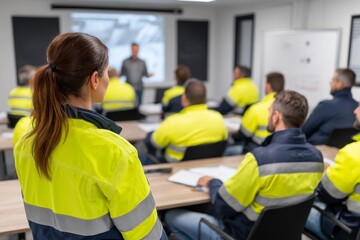 Industrial workers attending a meeting in a company's office