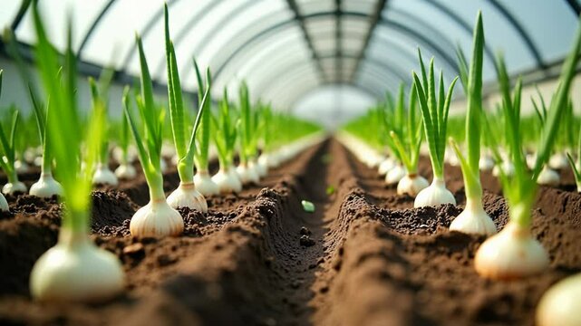 Timelapse of shallot greens and bulbs growing in a greenhouse environment over several weeks of growth