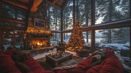 Cozy Christmas cabin living room