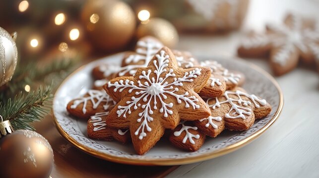 Deliciously decorated gingerbread cookies in snowflake shapes sit elegantly on a festive plate, surrounded by Christmas decor and warm, twinkling lights, ideal for holiday celebrations.