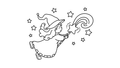 Young girl with a wand flying among stars in a magical scene - Concept of Children's Coloring  