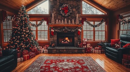 Cozy Christmas living room with fireplace