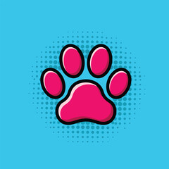 Naklejka premium cute paw print pop art symbol vector with vibrant cyan background and halftone dot pattern