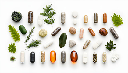 Medical marijuana products and CBD oil on white background with herbal supplements concept