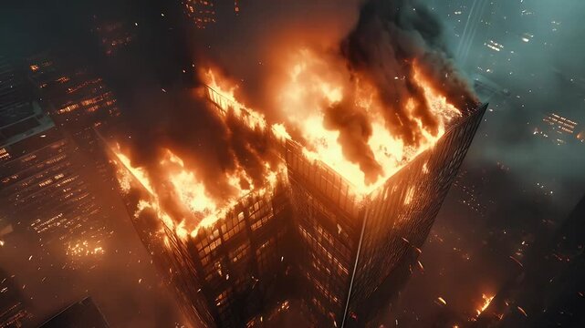 Aerial View of a Burning Highrise Building at Night