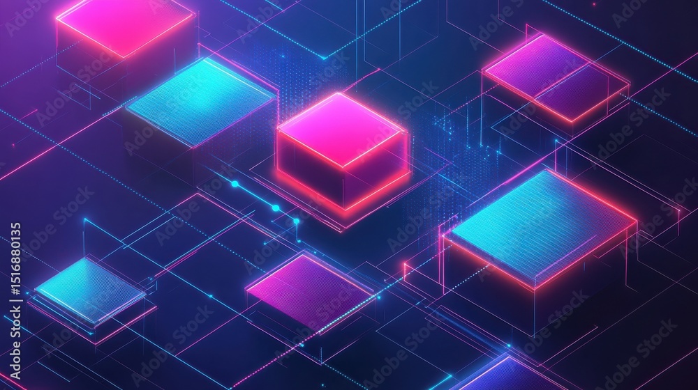 Poster high-tech abstract scene with vibrant neon blocks representing ai and data flow, showcasing a dynami