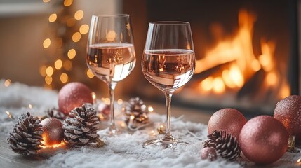 Festive Ros? Wine by Fireplace