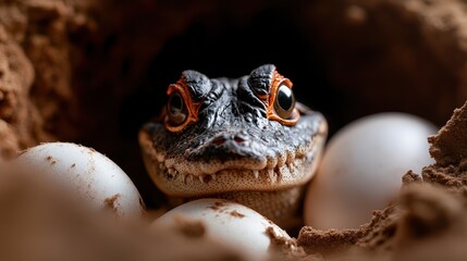 A captivating close-up of a frog surrounded by its eggs, displaying a fierce facial expression, symbolizing protection and the cycle of life in nature's vibrant habitat.