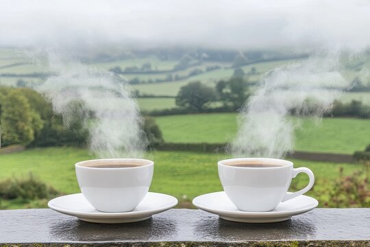 Two steaming cups of coffee on a balcony overlooking a rolling green landscape