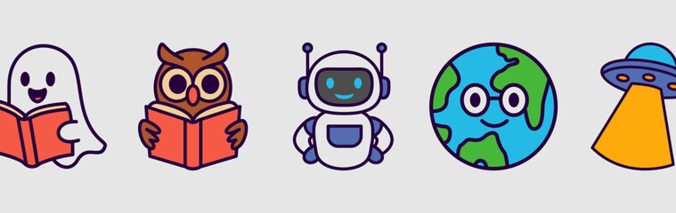 Cartoon Fun Education Mascot Icons. Fun Learning Characters, Book, Robot, Rocket, VR, Earth, Owl,Bag