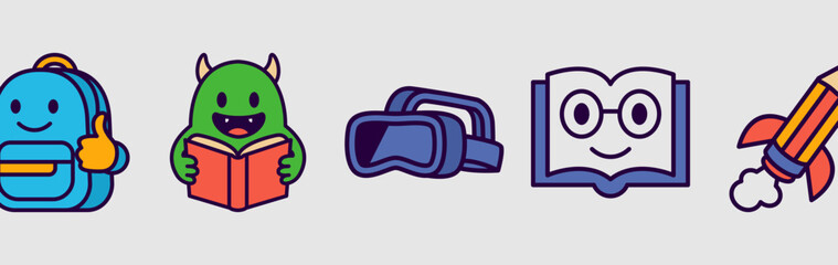 Cartoon Fun Education Mascot Icons. Fun Learning Characters, Book, Robot, Rocket, VR, Earth, Owl,Bag