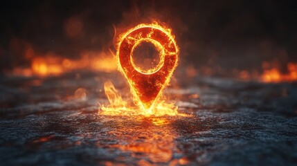 Fiery location marker on a dark stone surface