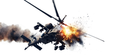   combat helicopter explosion in the air from a missile isolated on white background PNG