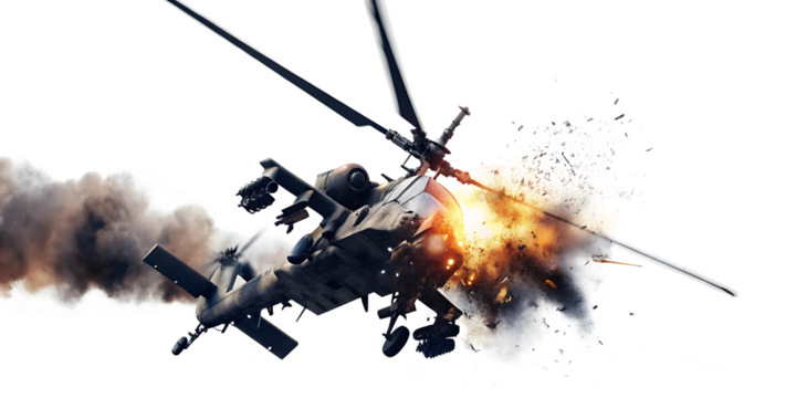   combat helicopter explosion in the air from a missile isolated on white background PNG