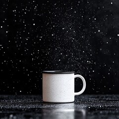 White mug with water droplets against a dark background