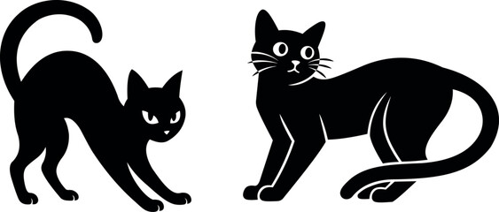 Silhouetted Black Cats in Dynamic Poses on a White Background.