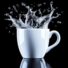 Splashing water in a white cup.  A vibrant, dynamic water splash erupts from a simple white coffee cup against a black background.  The reflection of the cup's surface is visible