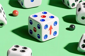 Dice with upward arrow on a green surface.  Several dice in various positions