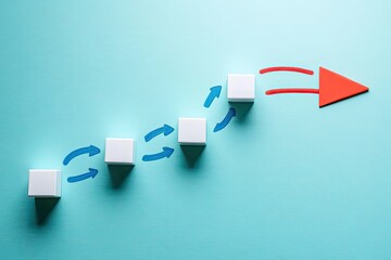 White blocks arranged in a line with blue and red arrows depicting progress and a clear direction