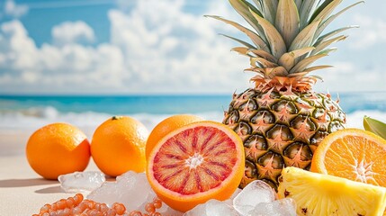Tropical fruits arranged on a beachside, showcasing vibrant colors and refreshing elements, perfect for summer vibes, healthy living, and culinary delights in sunny settings.
