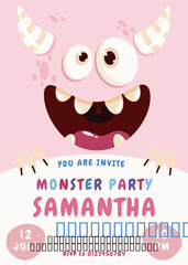 Pink Monster Birthday Invitation, Cute Girl Party Printable, Editable Kids Invite,  Digital Download Only