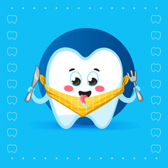 Cute Hungry Tooth Character with Bib on Blue Background