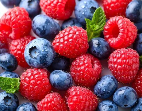 Fresh raspberries and blueberries with water droplets, isolated on white background, bright daylight, ultra sharp, Macro