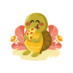 Cute Turtle Mascot Eating Pizza with Plants