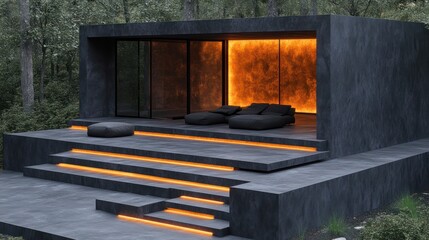Modern dark stone structure with warm lighting in a wooded area