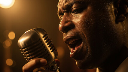 Soulful Jazz Singer Performing Live – Vintage Microphone Close-Up