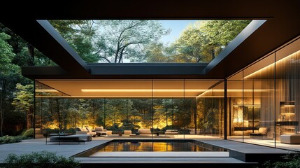 Modern glass house with lush garden view