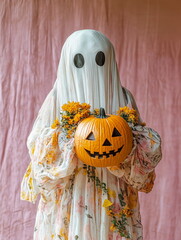Halloween portrait scene with a ghost in a white floral sheet holds a carved pumpkin and a bright flowers, standing against a pale pink sheets backdrop. Spooky with a sweet, whimsical retro twist.