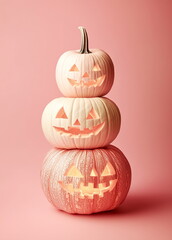 A trio of glowing, carved pumpkins, from speckled white to vibrant pink, stacked high in a festive Halloween arrangement. Isolated against a solid pink background. Pastel colors minimalist composition