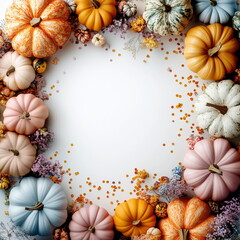 A pastel Halloween arrangement, colorful pumpkins and gourds, from pale white to deep orange and pink, encircle a blank white space, accented by scattered confetti and autumnal florals.