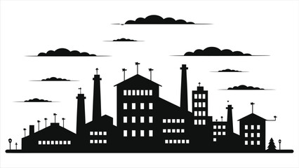 Naklejka premium Simple black and white vector silhouette of an industrial cityscape/A stylized, minimalist silhouette of an industrial cityscape.