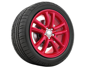 Fototapeta premium Vibrant red car wheel with sleek design and high performance tire, showcasing its modern style and durability. This isolated image highlights wheel intricate details and glossy finish