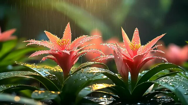 Elegant bromeliad flowers with rain droplets in soft lighting, a peaceful and relaxing nature scene