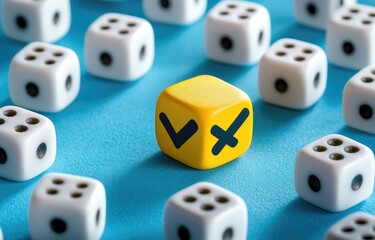 Yellow die with check and cross marks surrounded by white dice